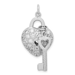 Sterling Silver CZ Heart Lock & Key Pendant with Rhodium Finish