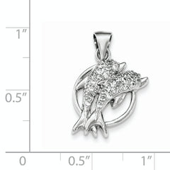 Sterling Silver CZ Double Dolphin Pendant with Rhodium Polished Finish