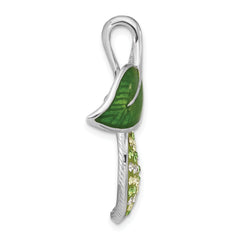 Sterling Silver 925 Crystal Pendant with Enameled Green Leaves