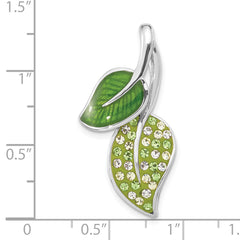 Sterling Silver 925 Crystal Pendant with Enameled Green Leaves