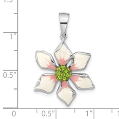 Sterling Silver 925 Floral Pendant with Green Crystal and Pink Enamel