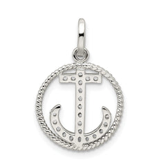 Sterling Silver CZ Anchor Pendant with Polished Rhodium Finish