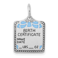 Sterling Silver Rhodium-plated Blue Birth Certificate Polished Charm