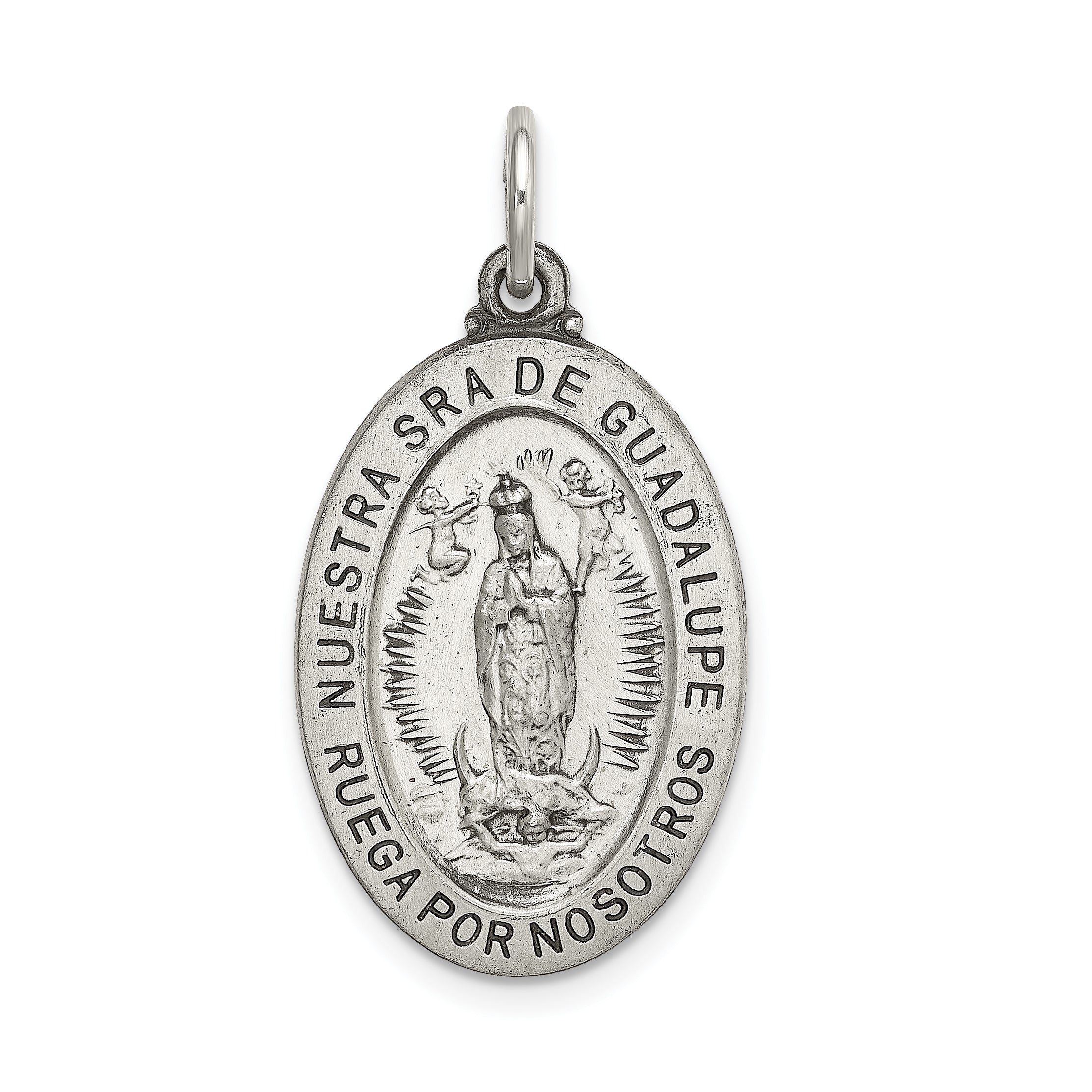 Sterling Silver Satin Antiqued Spanish Lady of Guadalupe Medal Pendant