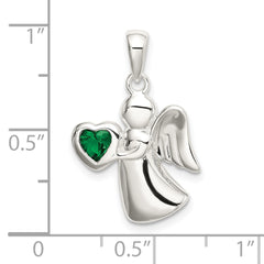 Sterling Silver Angel Pendant with Green CZ Heart Elegant Finish