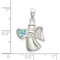 Sterling Silver 925 Angel Pendant with Light Blue Heart CZ