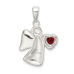 Sterling Silver Angel Pendant with Dark Red CZ Heart