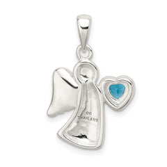 Sterling Silver Angel Pendant with Blue CZ Heart Polished Finish