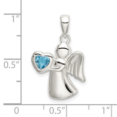 Sterling Silver Angel Pendant with Blue CZ Heart Polished Finish