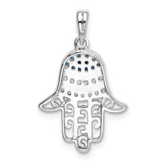 Sterling Silver 925 Polished Chamseh Pendant with CZ and Sapphire