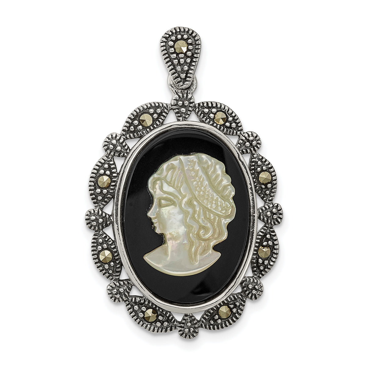 Sterling Silver Antiqued Marcasite Black Agate & MOP White Cameo Pendant