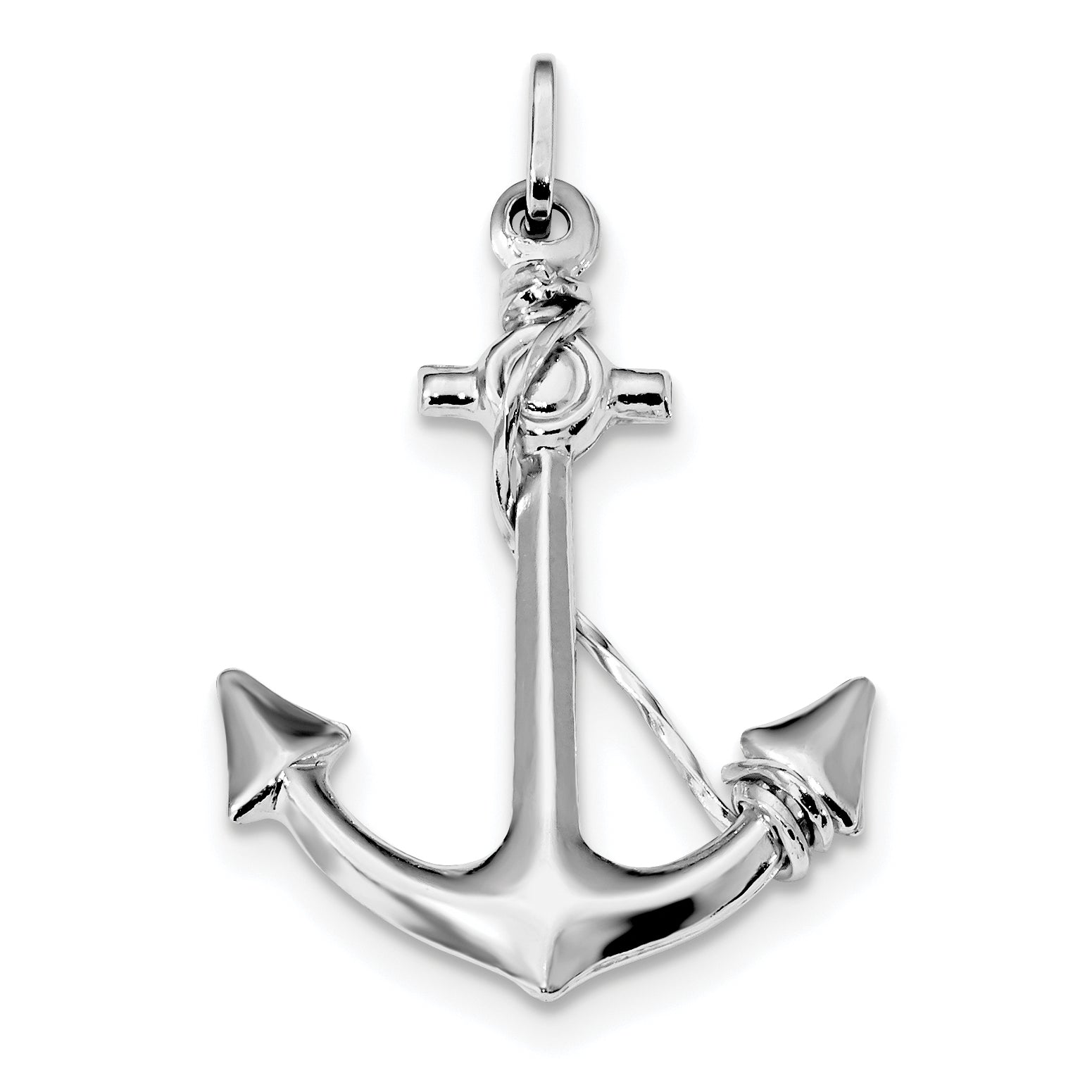 Sterling Silver Rhodium Plated Polished Anchor w/ Rope Charm