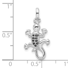 Sterling Silver 925 Lizard Pendant with Black CZ, Rhodium-Plated, Polished, Elegant Design