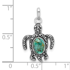 Sterling Silver Turquoise Turtle Pendant with Rhodium Antiqued Finish