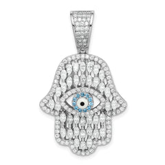 Sterling Silver Rhodium-plated White & Blue CZ Hamsa Eye Pendant