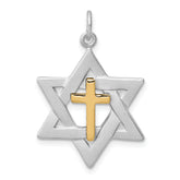 Sterling Silver Rhodium-plated Gold Tone Cross Star of David Charm Pendant