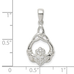 Sterling Silver Polished CZ Claddagh w/Trinity Knot Pendant