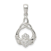 Sterling Silver Polished CZ Claddagh w/Trinity Knot Pendant