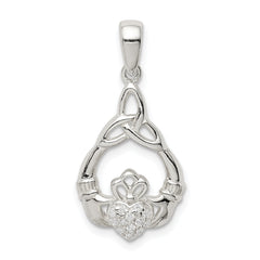 Sterling Silver Polished CZ Claddagh w/Trinity Knot Pendant