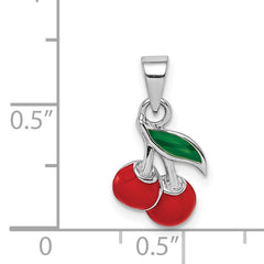 Sterling Silver RH-plated Red & Green Enameled Cherry Children's Pendant