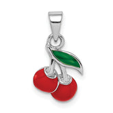 Sterling Silver RH-plated Red & Green Enameled Cherry Children's Pendant