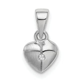 Sterling Silver Rhod-plated Polished & Satin CZ Heart Children's Pendant