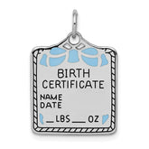 SS Rh-plt Blue Birth Certificate Polished Front/Satin Back Charm