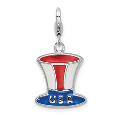 Amore La Vita Sterling Silver Rhodium-plated Polished Enameled USA Hat Charm with Fancy Lobster Clasp