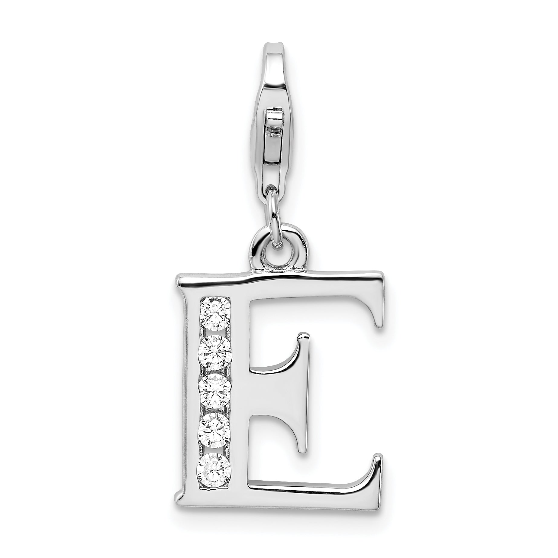 Amore La Vita Sterling Silver Rhodium-plated Polished CZ Letter E Initial Charm with Fancy Lobster Clasp