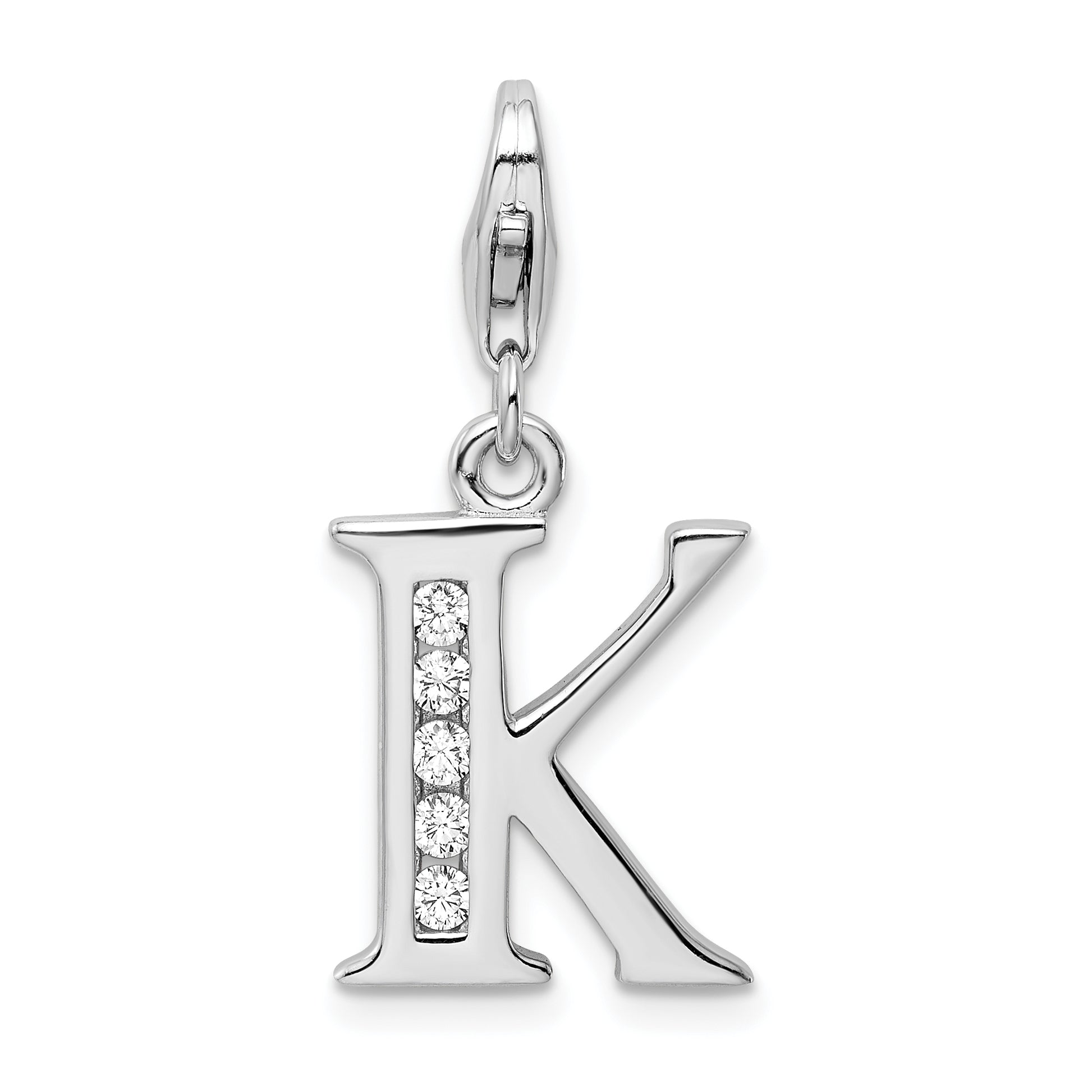 Amore La Vita Sterling Silver Rhodium-plated Polished CZ Letter K Initial Charm with Fancy Lobster Clasp