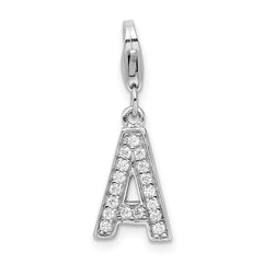 Amore La Vita Sterling Silver Rhodium-plated Polished CZ Letter A Initial Charm with Fancy Lobster Clasp