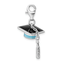 Sterling Silver 3D Blue Enameled Graduation Cap Charm with Lobster Clasp