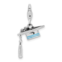 Sterling Silver 3D Blue Enameled Graduation Cap Charm with Lobster Clasp