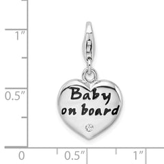Sterling Silver BABY ON BOARD Heart Charm with CZ and Lobster Clasp