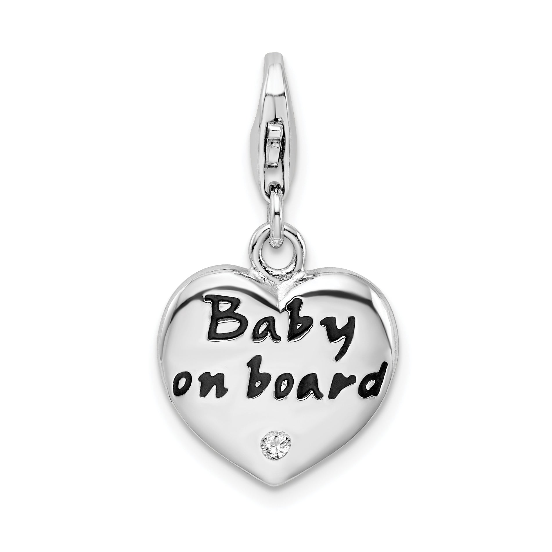 Amore La Vita Sterling Silver Rhodium-plated Polished Enameled CZ BABY ON BOARD Heart Charm with Fancy Lobster Clasp