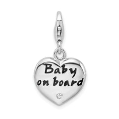 Amore La Vita Sterling Silver Rhodium-plated Polished Enameled CZ BABY ON BOARD Heart Charm with Fancy Lobster Clasp