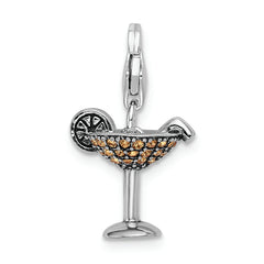 Sterling Silver 925 Crystal Martini Glass Charm Rhodium-Plated