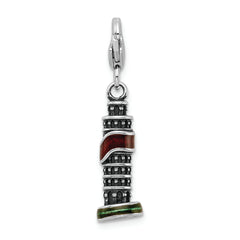 Sterling Silver Leaning Tower of Pisa Charm with Red and Green Enamel