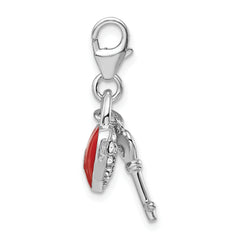 Amore La Vita Sterling Silver Rhodium-plated Polished Reversible Red Enameled Winged Heart and Key with Crystal From Crystal Charm with Fancy Lobster Clasp