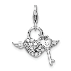 Amore La Vita Sterling Silver Rhodium-plated Polished Reversible Red Enameled Winged Heart and Key with Crystal From Crystal Charm with Fancy Lobster Clasp