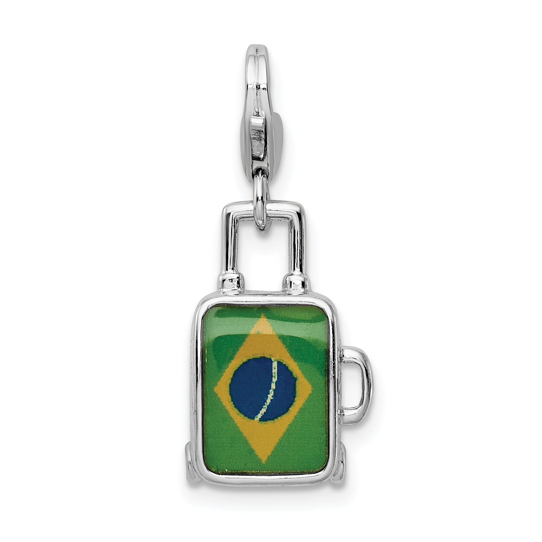 Amore La Vita Sterling Silver Rhodium-plated Polished 3-D Enameled Brazilian Flag Suitcase Charm with Fancy Lobster Clasp