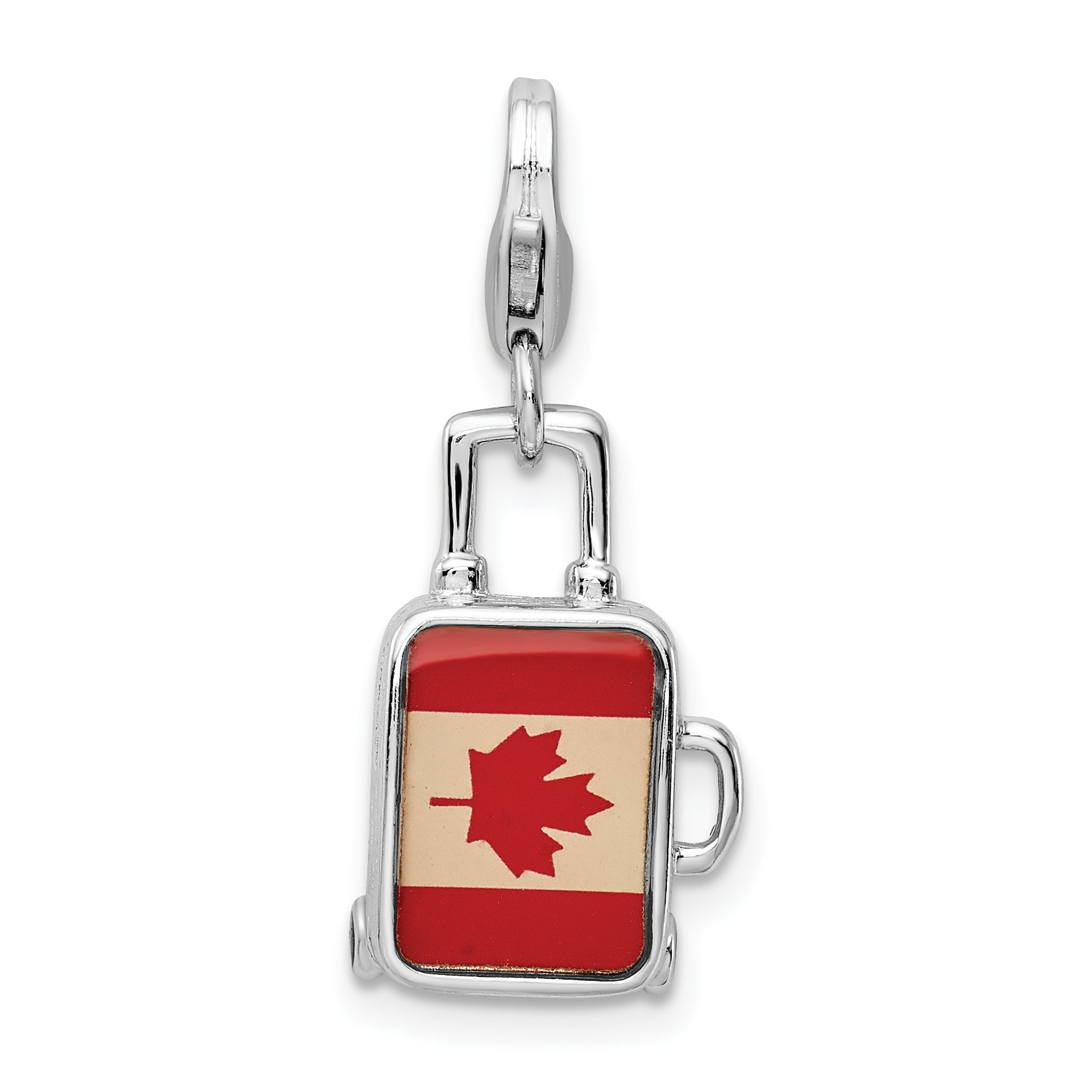 Amore La Vita Sterling Silver Rhodium-plated Polished 3-D Enameled Canadian Flag Suitcase Charm with Fancy Lobster Clasp