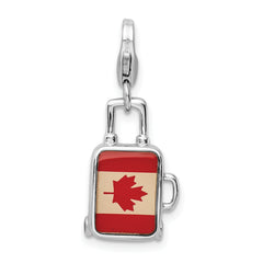 Amore La Vita Sterling Silver Rhodium-plated Polished 3-D Enameled Canadian Flag Suitcase Charm with Fancy Lobster Clasp