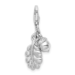 Sterling Silver 3D Acorn and Leaf Charm with Rhodium Plating