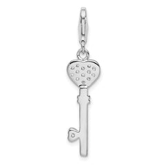 Sterling Silver CZ Heart Key Charm with Rhodium Elegance