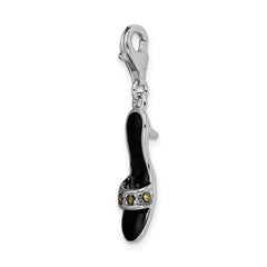 Amore La Vita Sterling Silver Rhodium-plated Polished 3-D Black Enameled and Marcasite Shoe Charm with Fancy Lobster Clasp