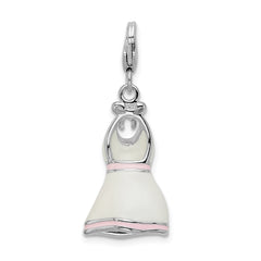 Amore La Vita Sterling Silver Rhodium-plated Polished 3-D Enameled White Pink Trimmed Dress Charm with Fancy Lobster Clasp