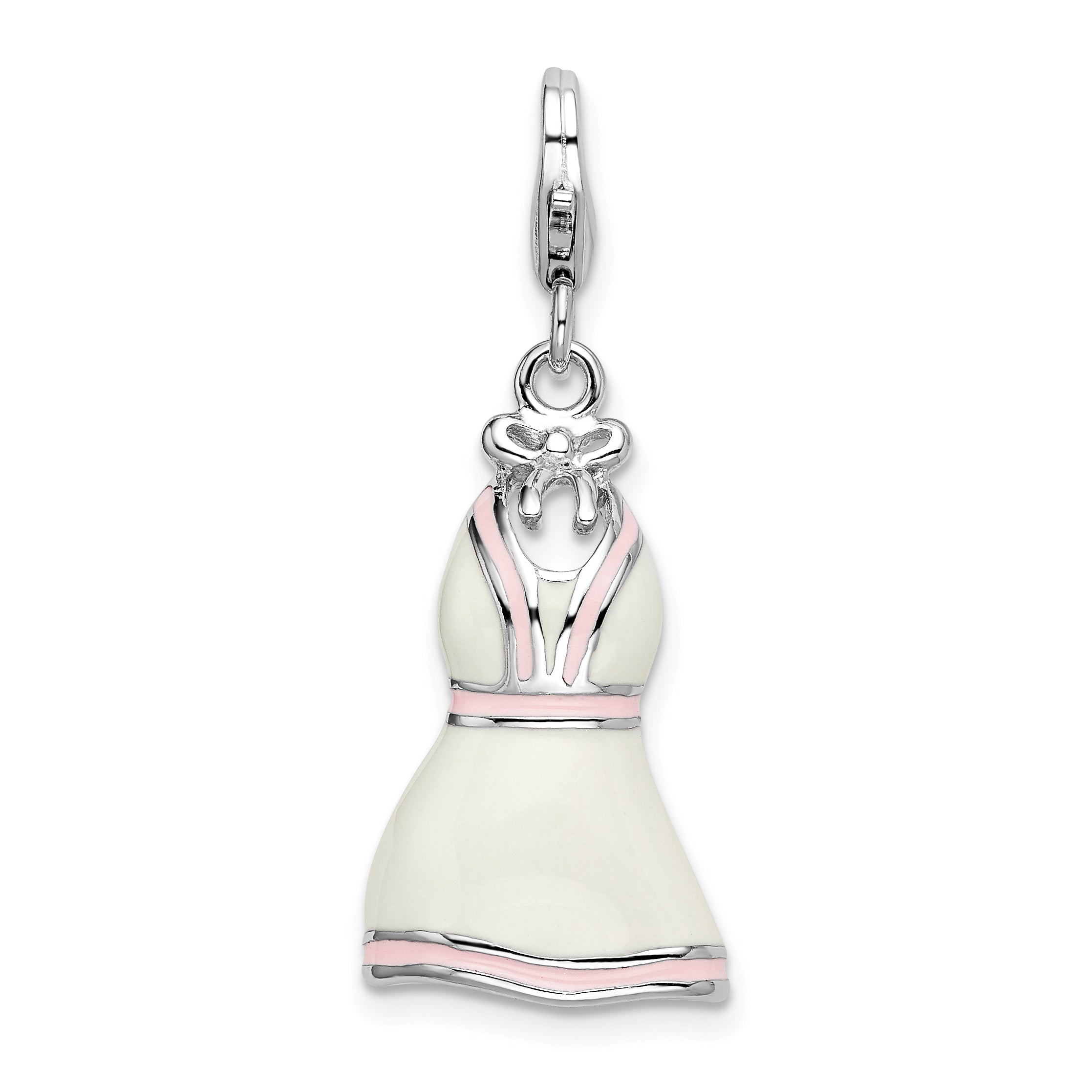 Amore La Vita Sterling Silver Rhodium-plated Polished 3-D Enameled White Pink Trimmed Dress Charm with Fancy Lobster Clasp
