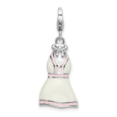 Amore La Vita Sterling Silver Rhodium-plated Polished 3-D Enameled White Pink Trimmed Dress Charm with Fancy Lobster Clasp