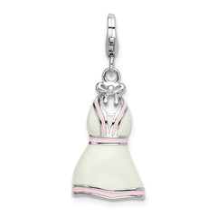 Amore La Vita Sterling Silver Rhodium-plated Polished 3-D Enameled White Pink Trimmed Dress Charm with Fancy Lobster Clasp